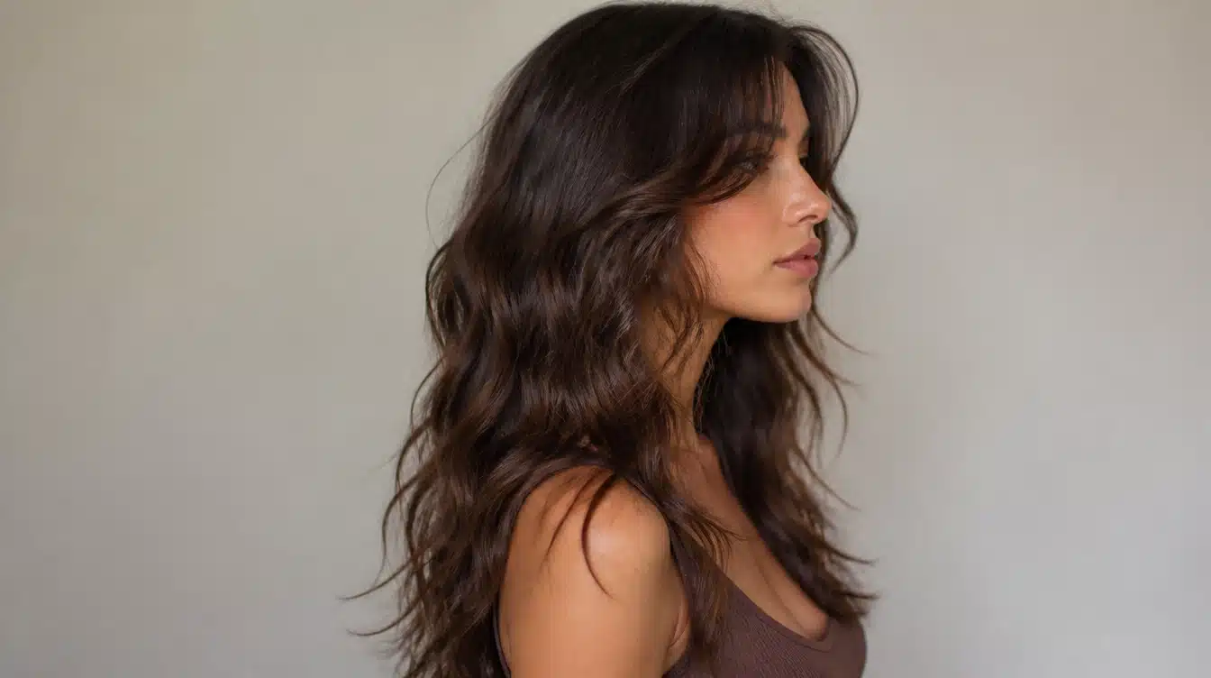 A woman with long, wavy hair styled in curtain bangs stands by the beach, waves gently crashing in the background.