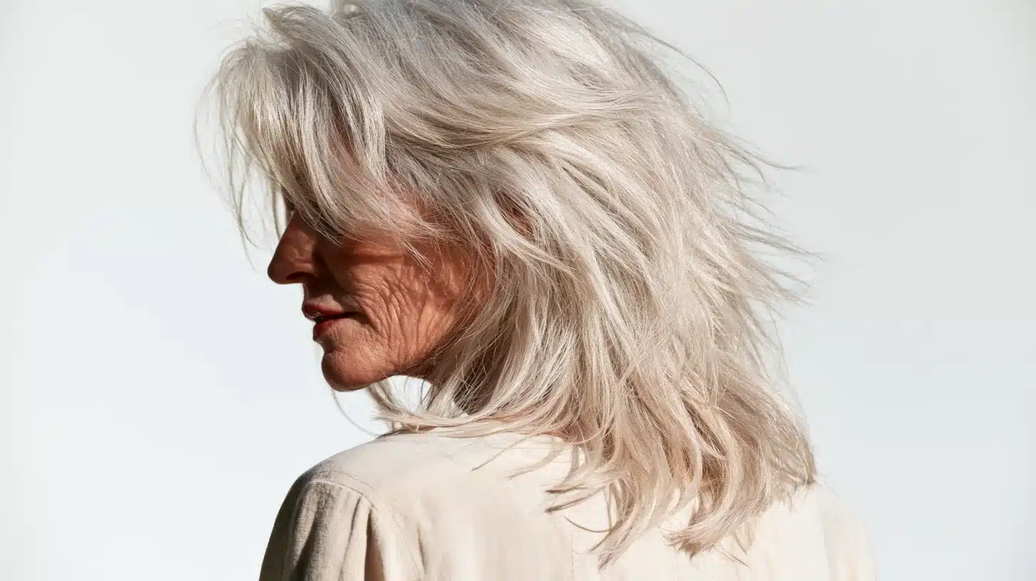 A  woman with long white hair wearing a white shirt, standing against a neutral background.