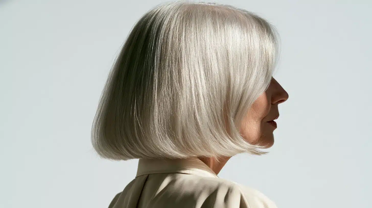 A woman with striking white hair, exuding confidence and sophistication in her appearance.