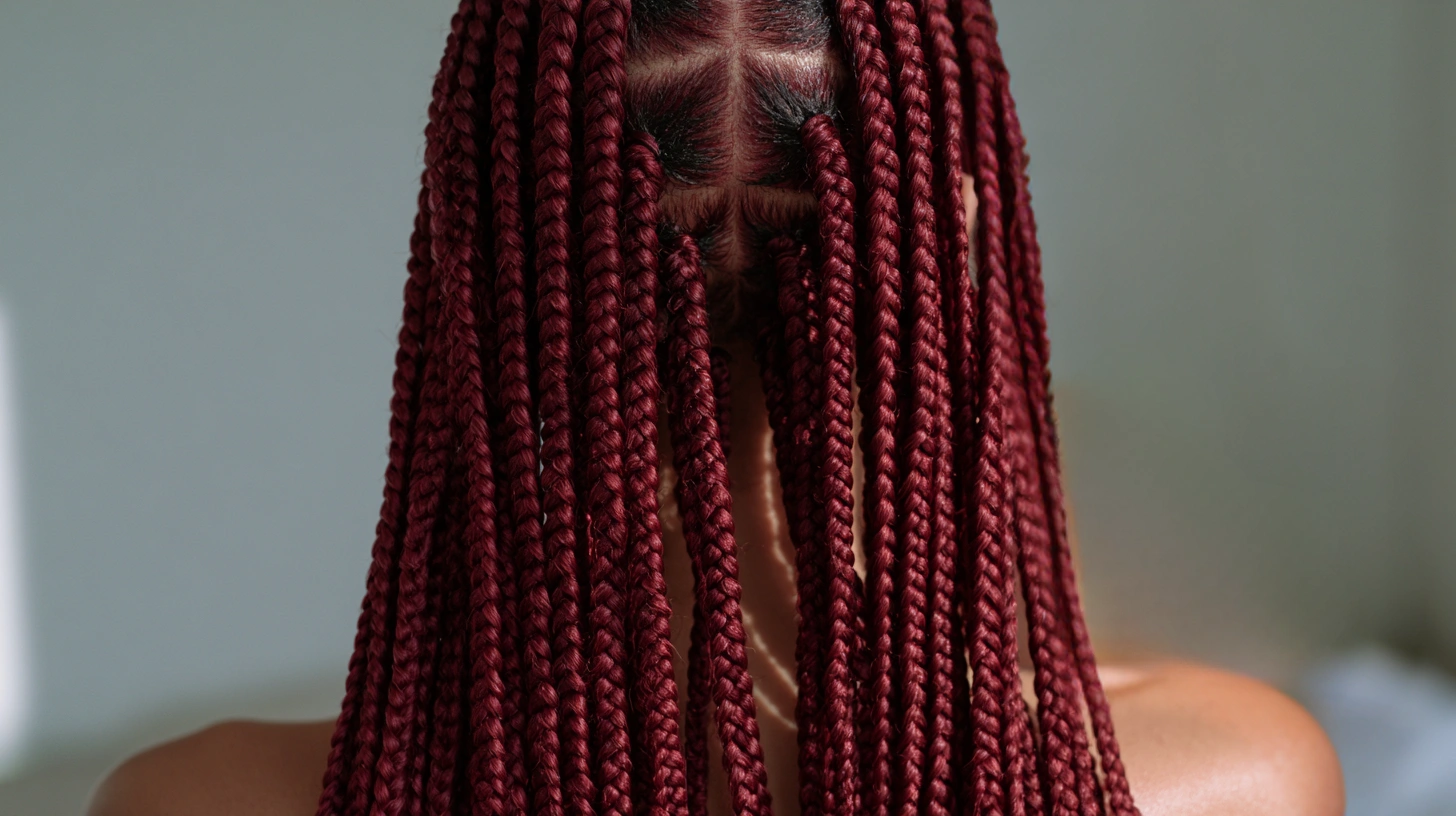 A woman with vibrant burgundy braids styled elegantly on her head, showcasing a bold and striking hairstyle.
