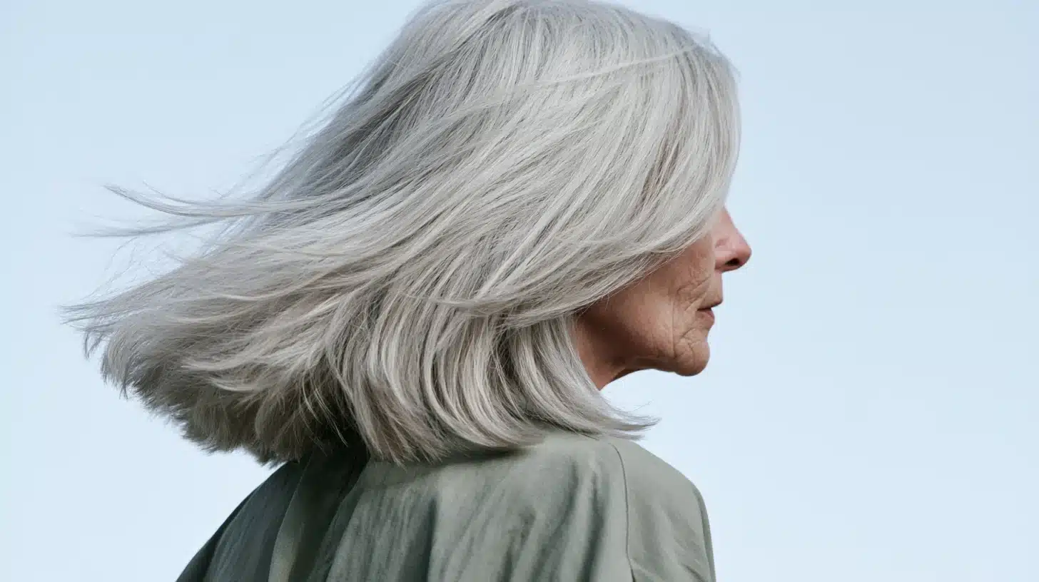 A woman with white hair in a gray shirt, standing against a neutral background, exuding a friendly demeanor.