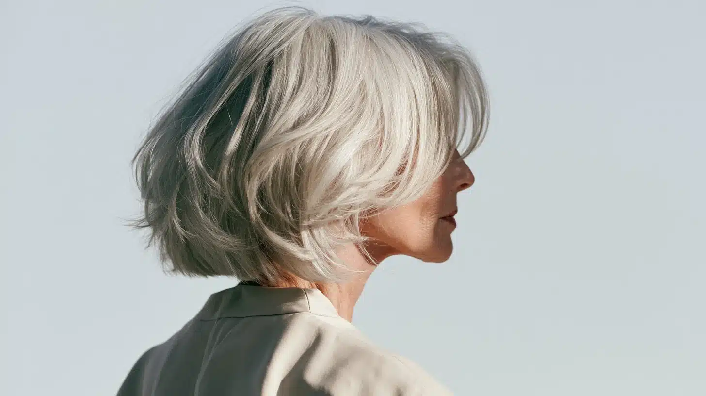 A woman with white hair in a white shirt, looking directly at the camera with a gentle smile.