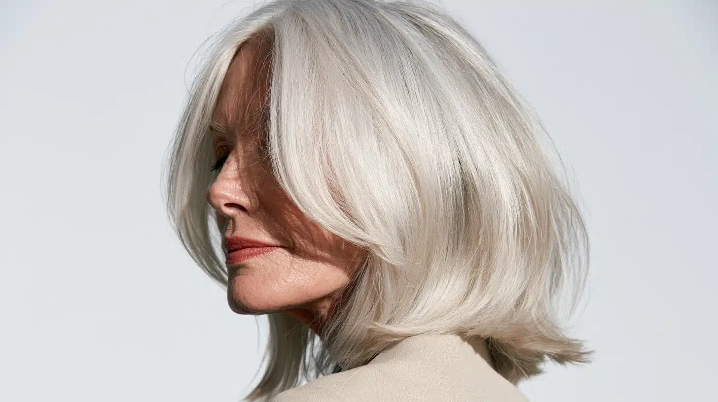 A woman with white hair wearing a tan jacket, smiling and standing against a neutral background.