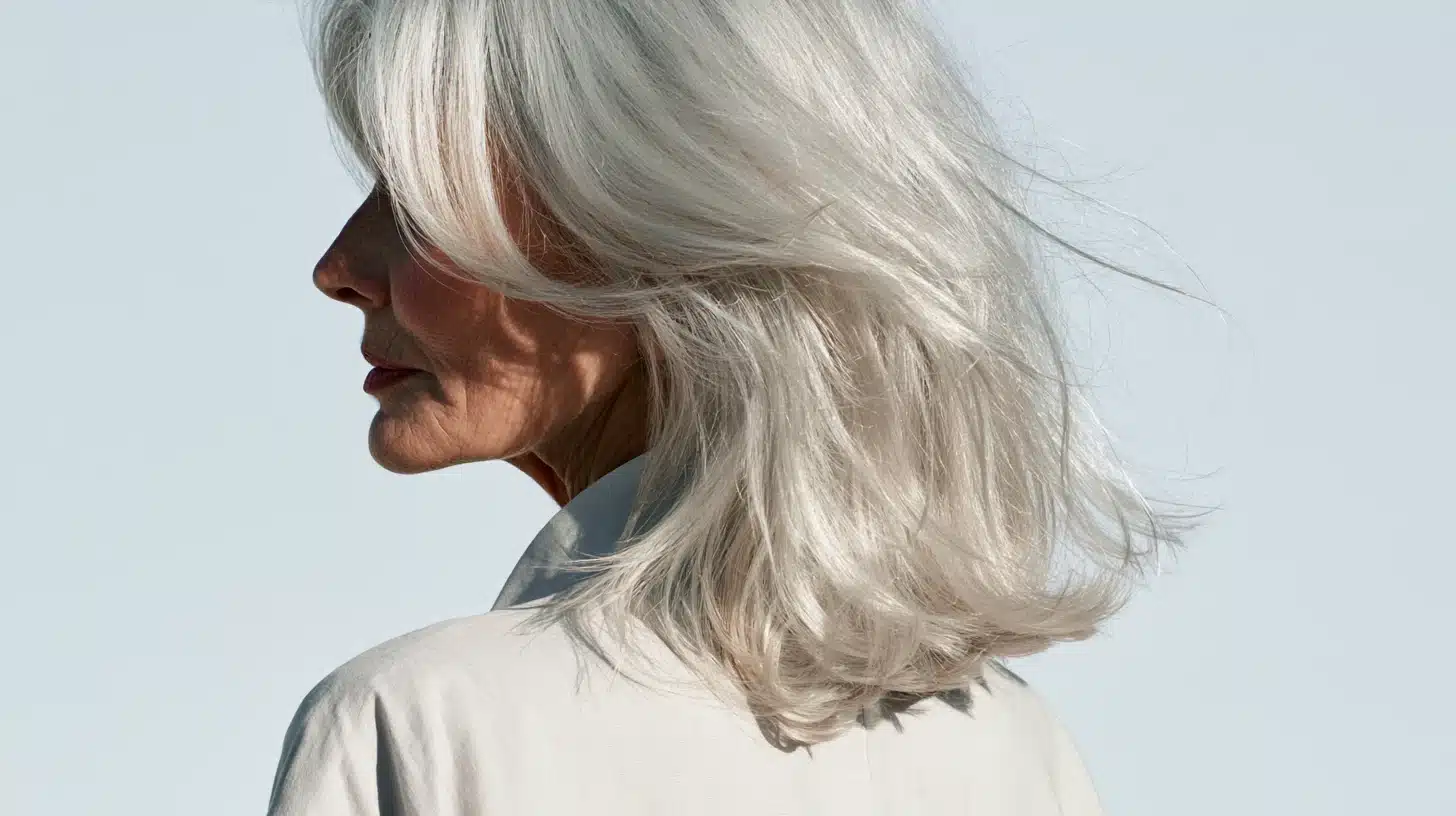A woman with white hair wearing a white shirt, smiling softly against a neutral background.
