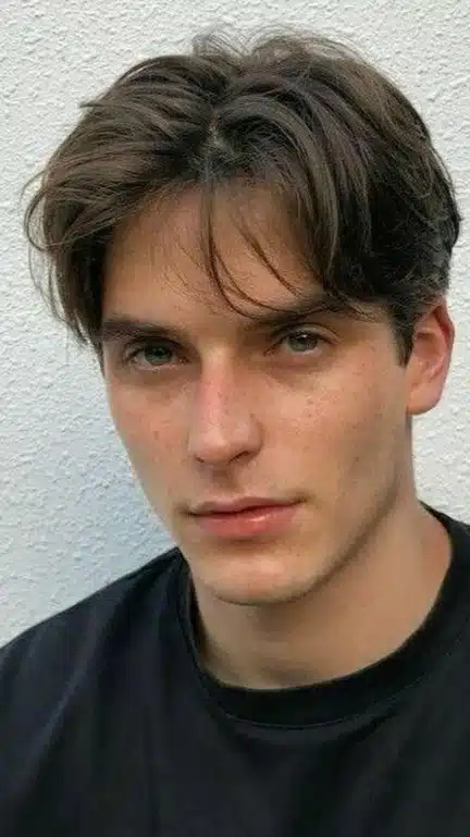 A young man wearing a black shirt and hat, posing with curtains framing his square face.