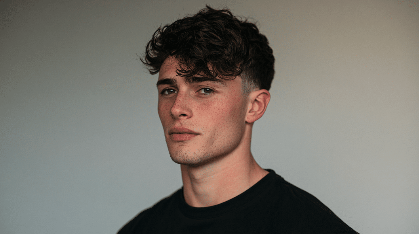 A young man with a wavy edgar featuring natural waves faded sides and a relaxed blunt fringe