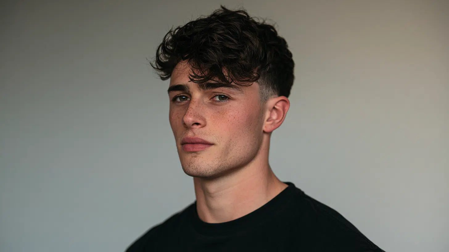 A young man with a wavy edgar featuring natural waves faded sides and a relaxed blunt fringe