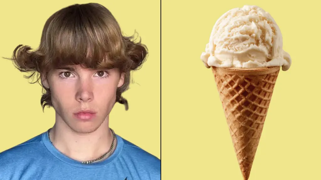 Young man with ice cream haircut beside vanilla ice cream cone showing hairstyle inspiration on soft yellow background