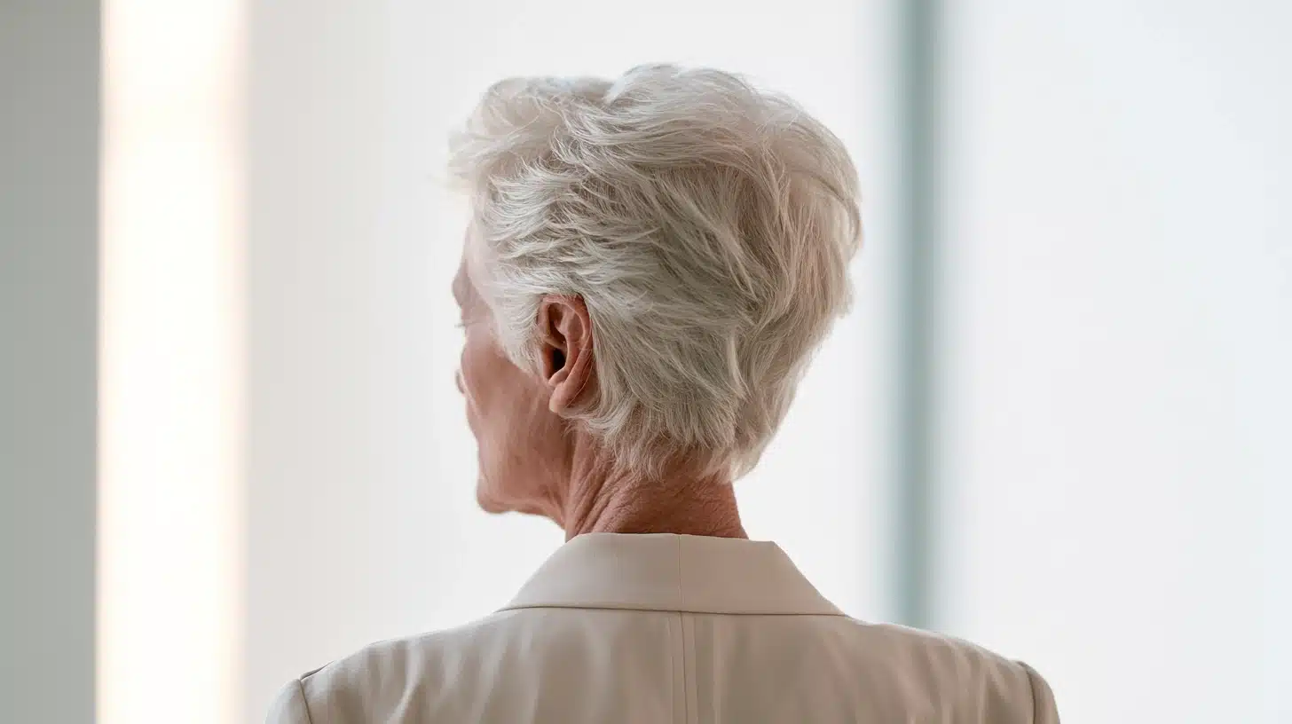 An older woman with short white hair is shown from behind in profile, wearing a light-colored shirt against a bright neutral background.