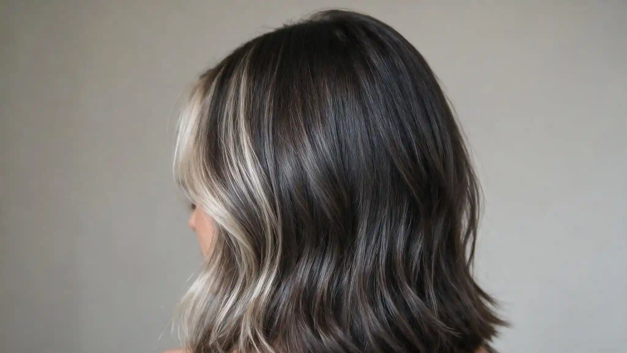 Ash blonde money piece framing dark hair with cool-toned highlights
