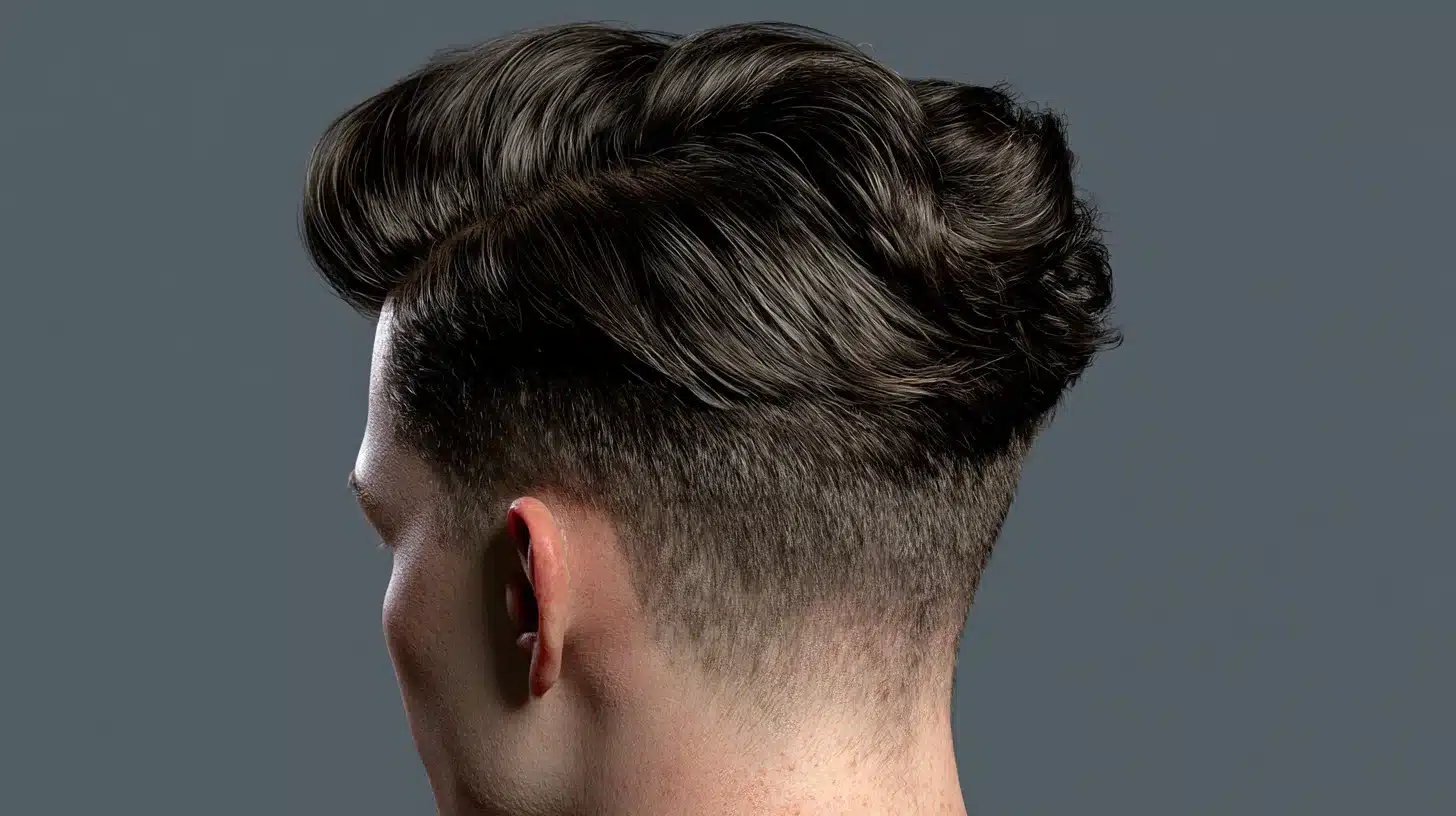 Back view of a man’s dark textured undercut hairstyle with a voluminous top and closely faded sides.