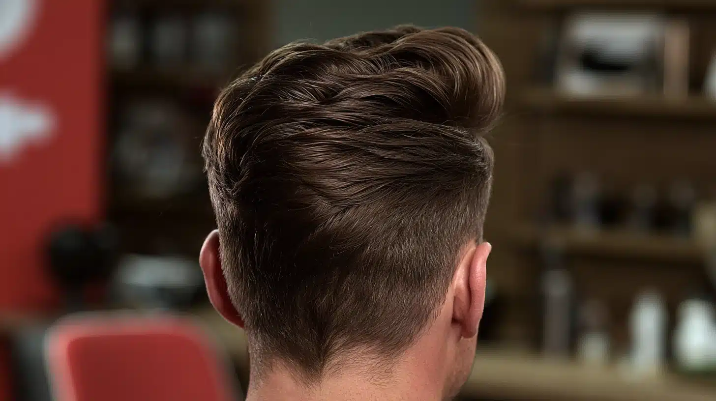 Back view of a man’s neatly styled brown haircut with tapered sides and a textured swept-back top in a barbershop.