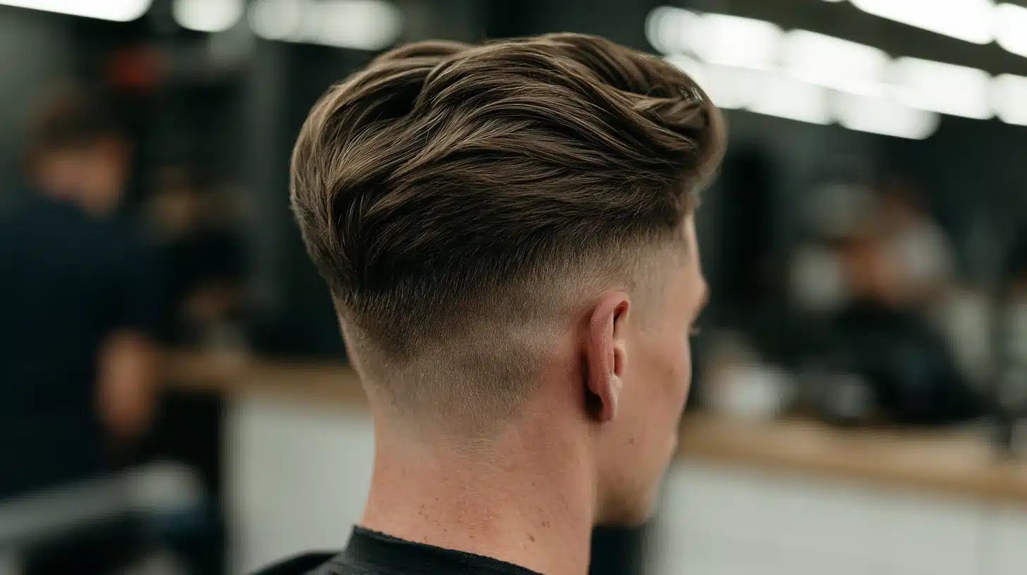 Back view of a man’s textured brown hairstyle with a clean fade haircut in a modern barbershop.