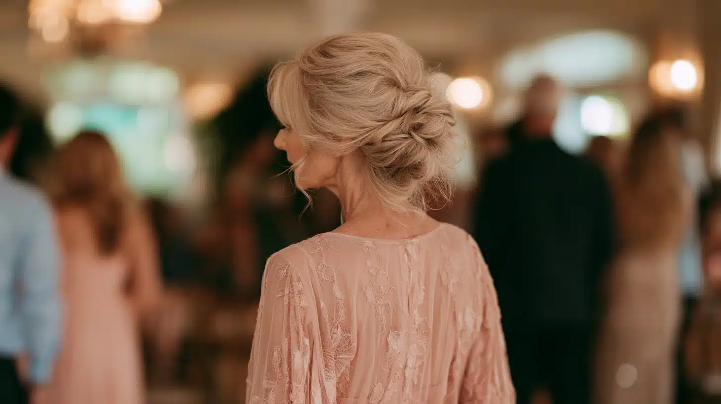 back view of a mother of the bride with a classic french twist and soft blonde layers at an elegant wedding reception