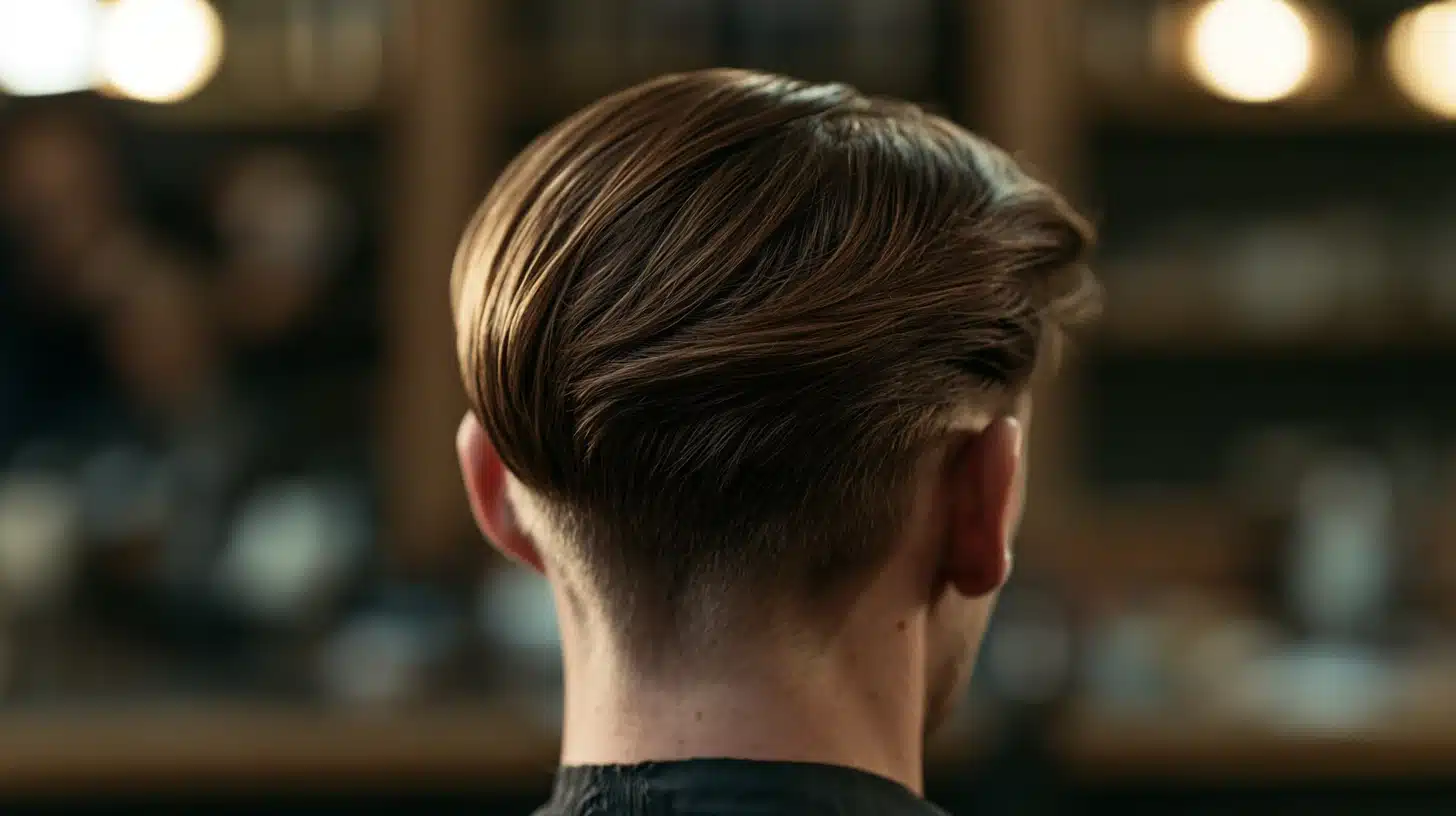 Back view of a person with neatly styled brown hair featuring a tapered undercut in a softly lit salon.
