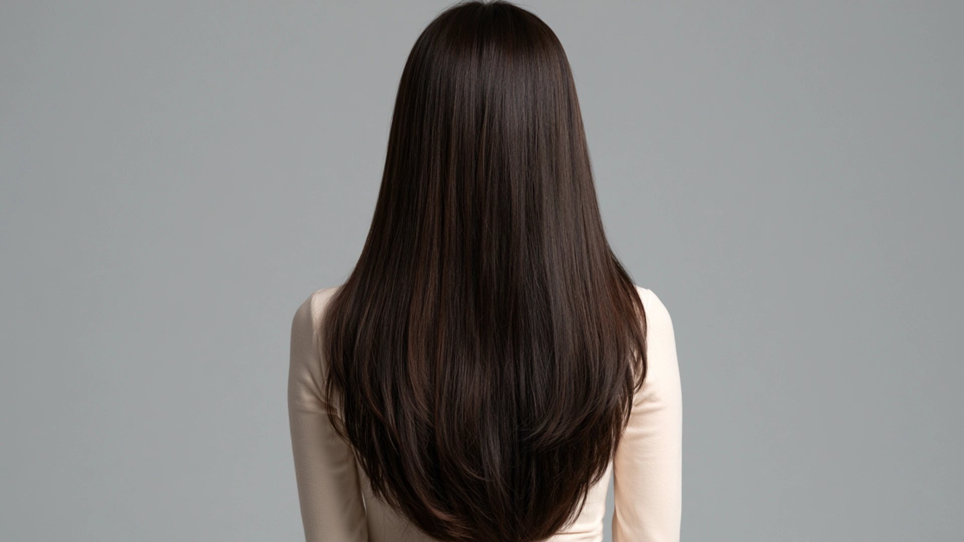 Back view of a woman showcasing long hair with layered U-cut style, emphasizing the hair's texture and movement.