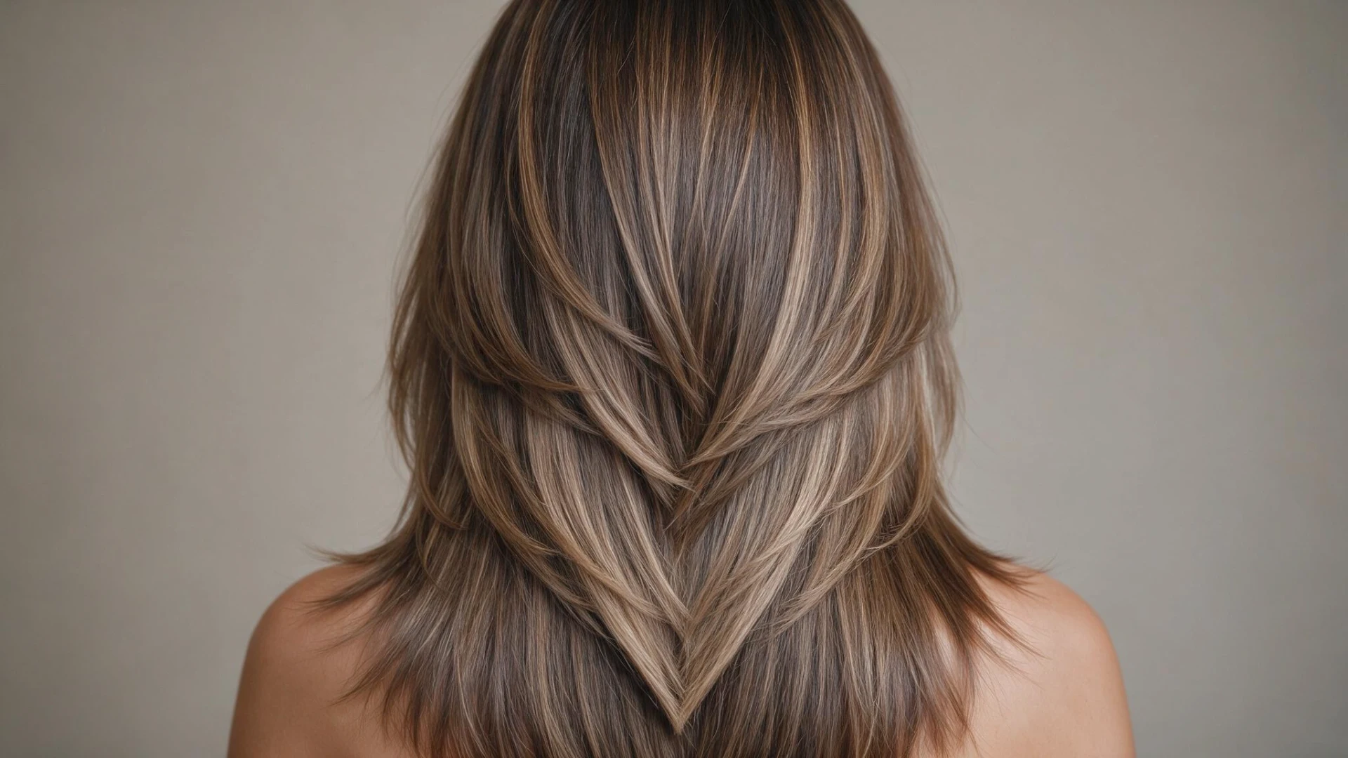 Back view of a woman showcasing long, wavy hair with layered V-cut styling.