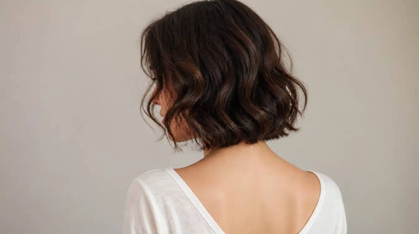 Back view of a woman with a short, wavy bob hairstyle, standing against a beach backdrop.