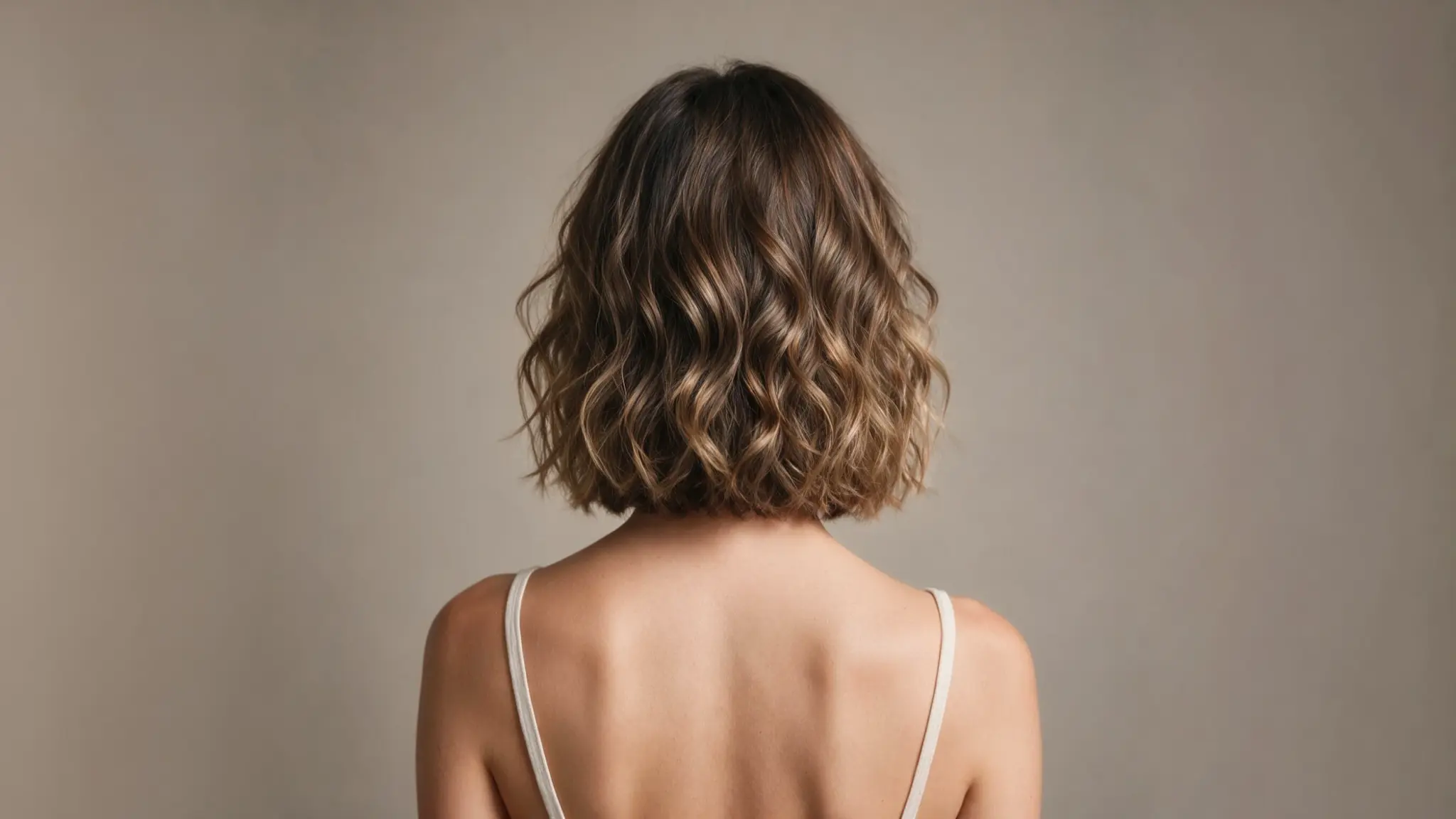 Back view of a woman with a wavy beach wave perm on a lob hairstyle, showcasing texture and volume.