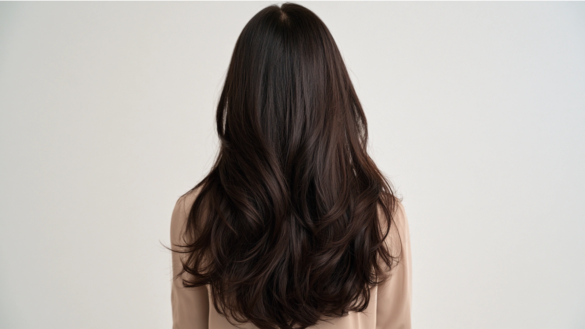 Back view of a woman with long, feathered layers in her hair, showcasing a stylish and textured hairstyle.