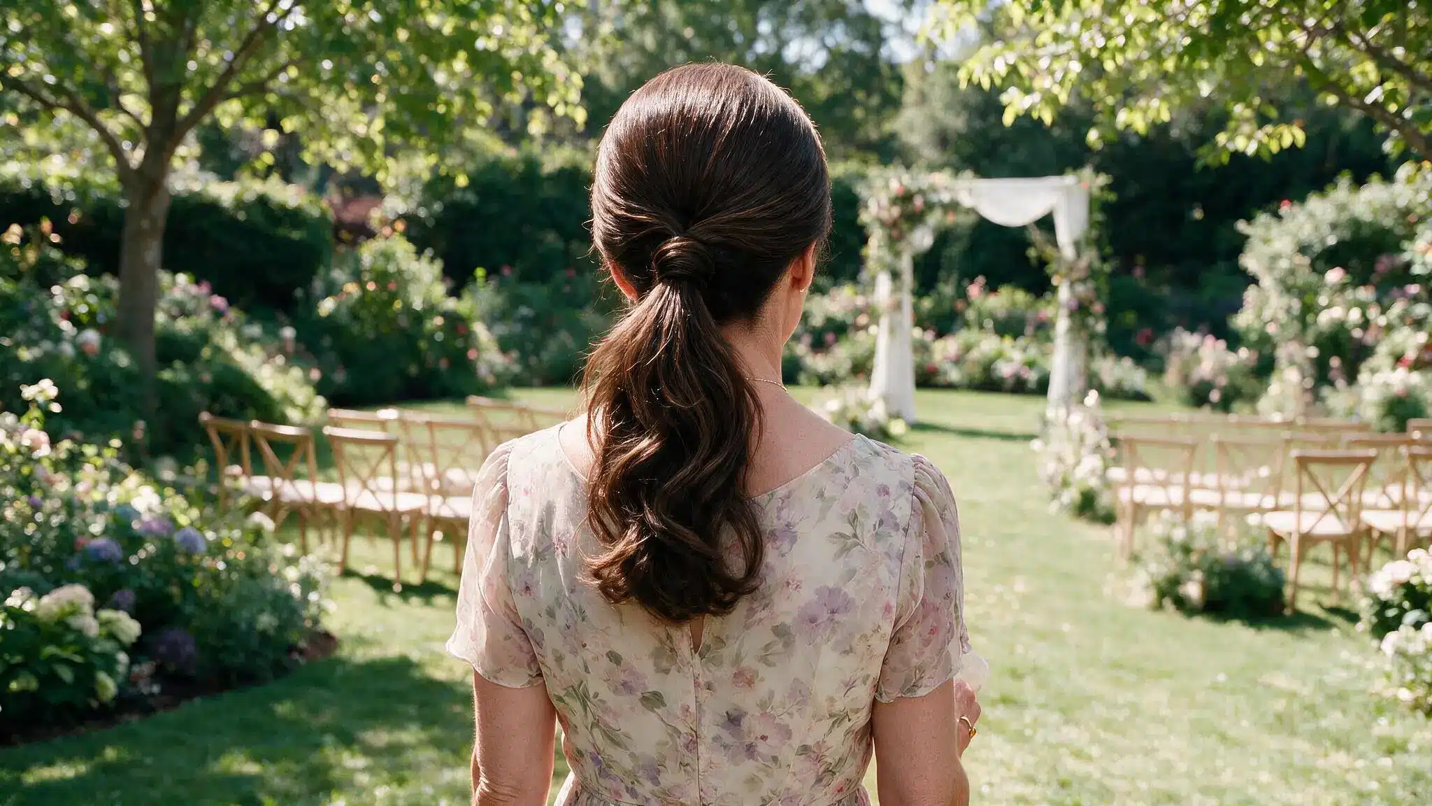 Back view of mother of the bride wearing a low ponytail during a sunny outdoor garden wedding ceremony with guests