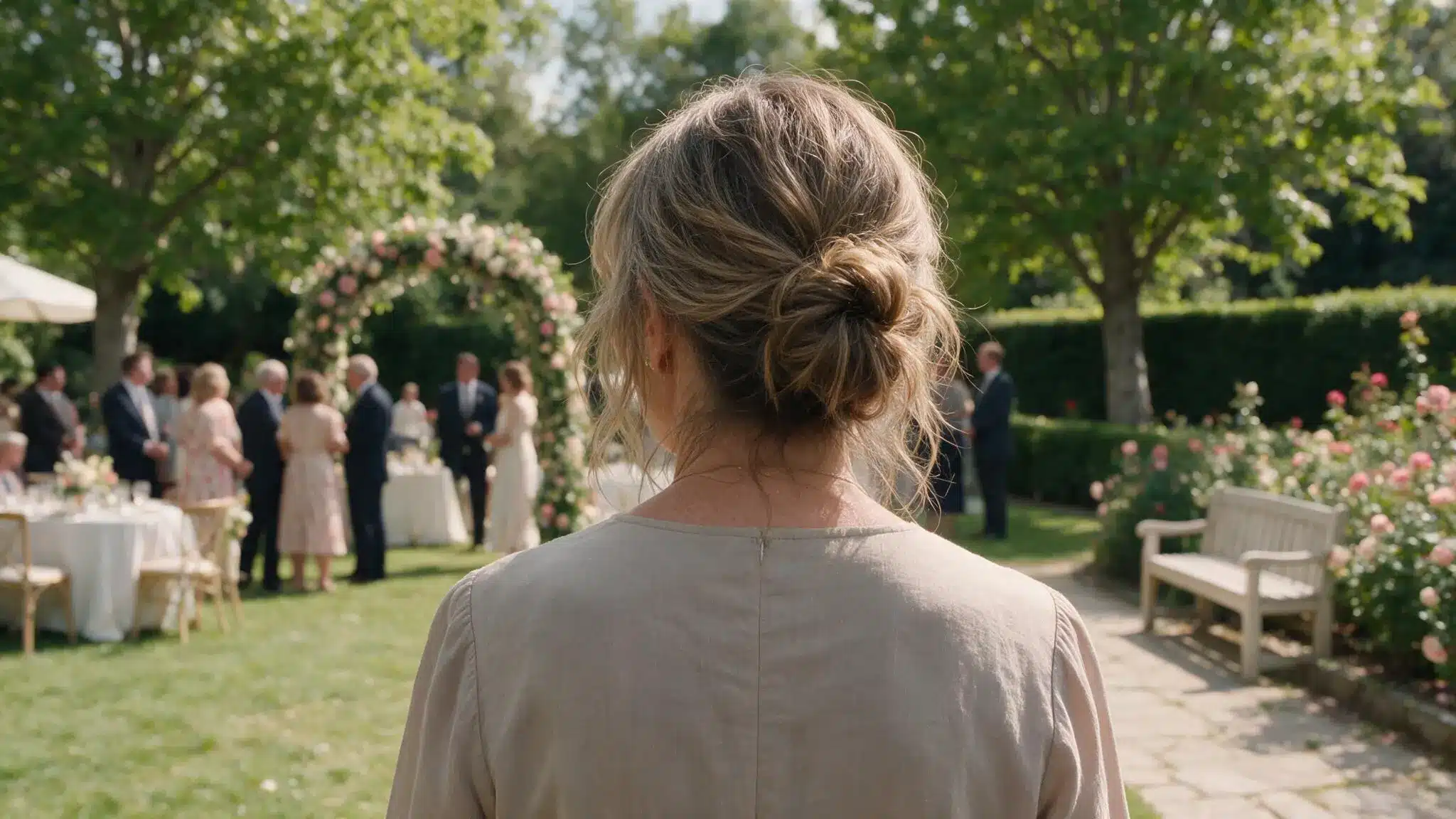 Back view of mother of the bride with a loose messy low bun during a sunny outdoor garden wedding reception with guests