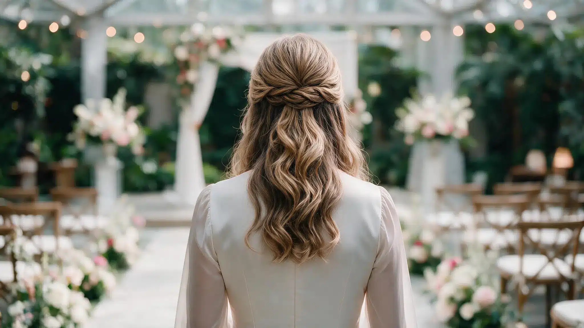 Back view of mother of the bride with braided half up hairstyle and loose waves at an elegant wedding ceremony