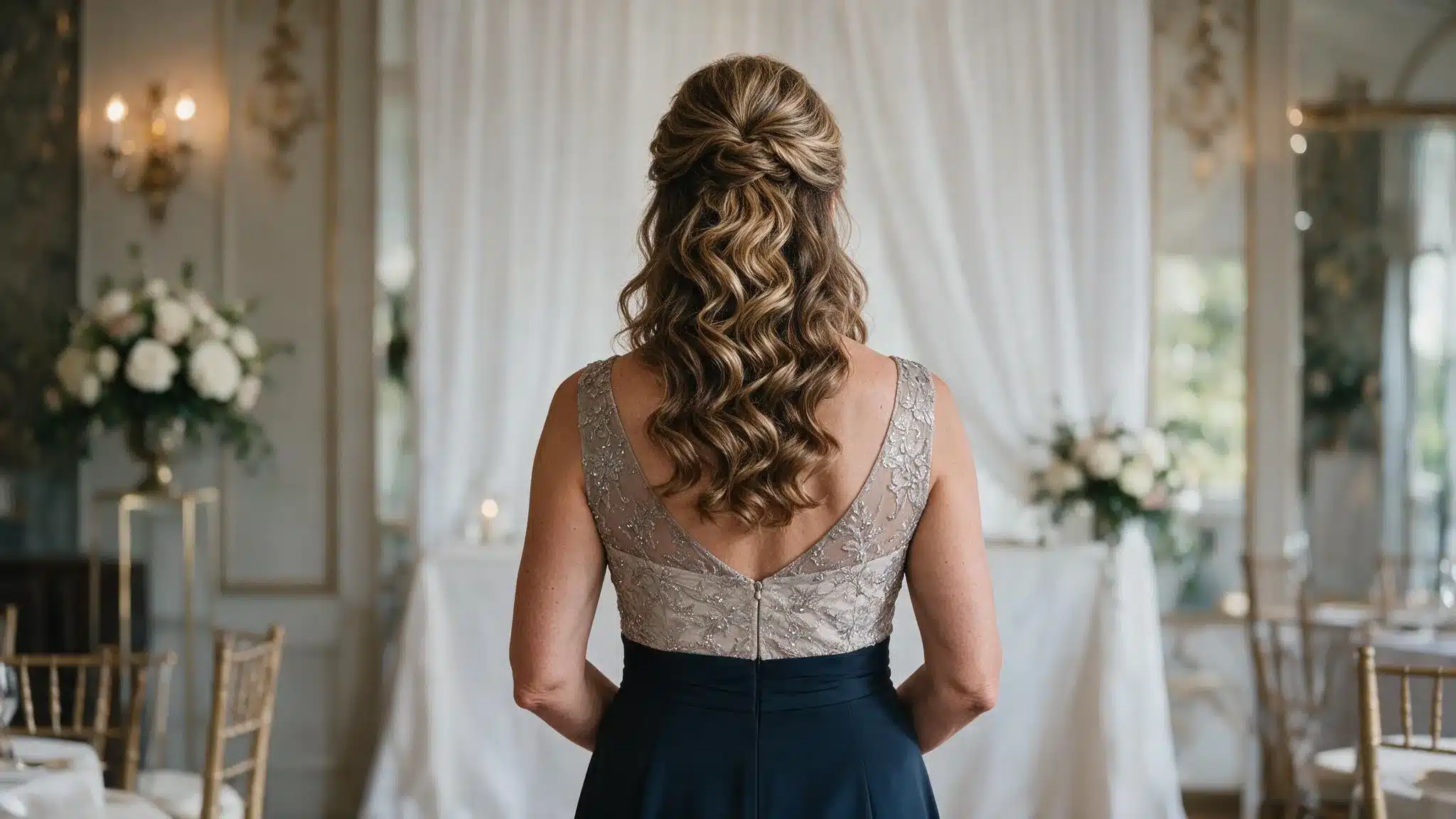 Back view of mother of the bride with half up curls and long defined waves inside an elegant formal wedding venue