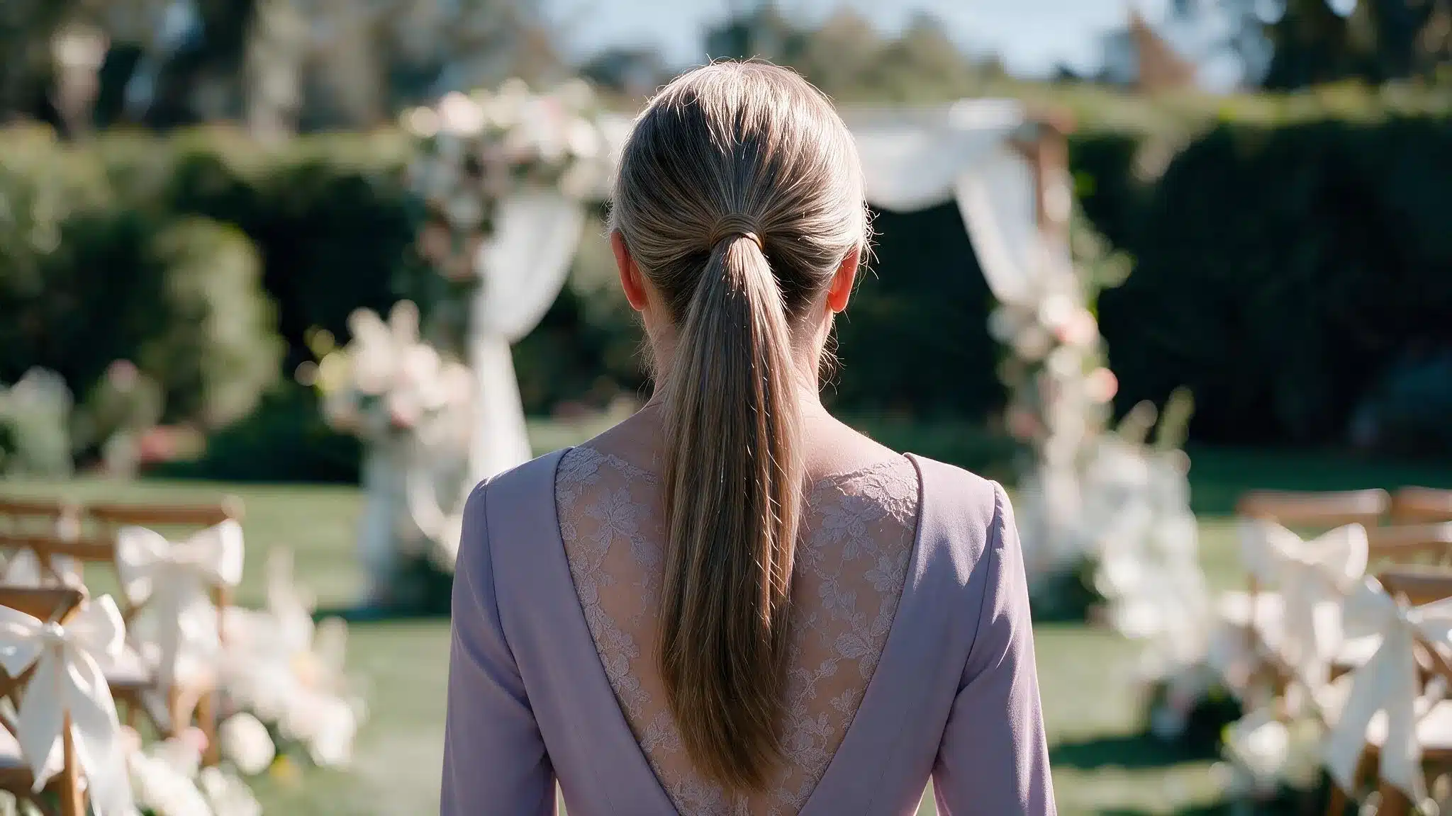 Back view of mother of the bride with sleek high ponytail and lace back dress at an elegant outdoor wedding ceremony