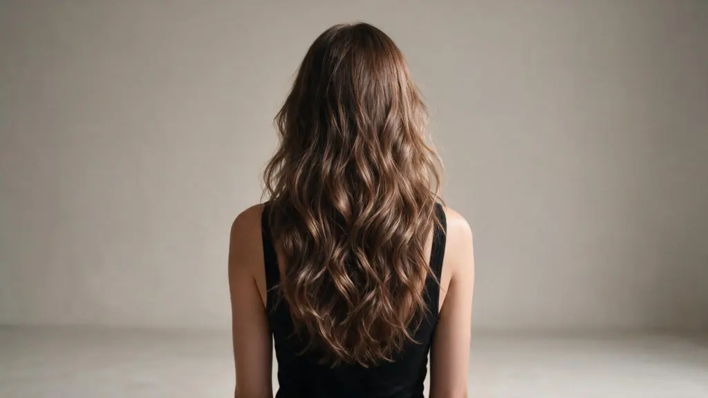 A woman with long, wavy hair sits in a chair, showcasing a beach wave perm hairstyle.