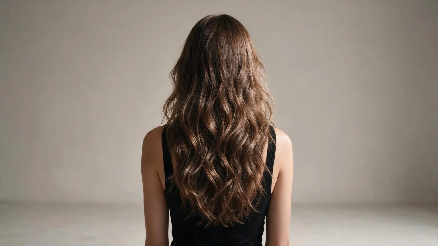 A woman with long, wavy hair sits in a chair, showcasing a beach wave perm hairstyle.