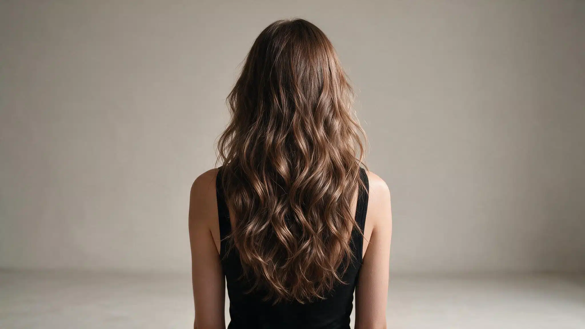 A woman with long, wavy hair sits in a chair, showcasing a beach wave perm hairstyle.