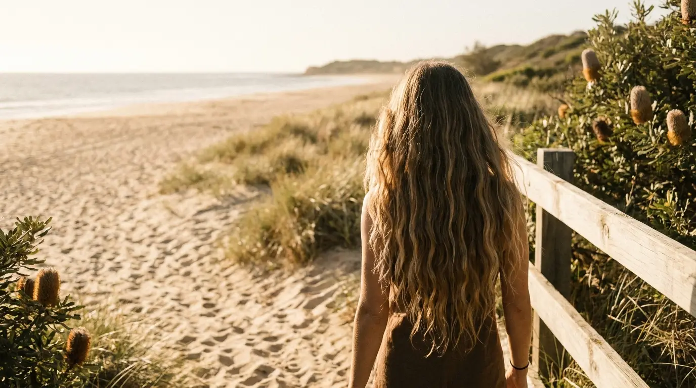 Person with long wavy hair walking on sandy beach path in sunlight