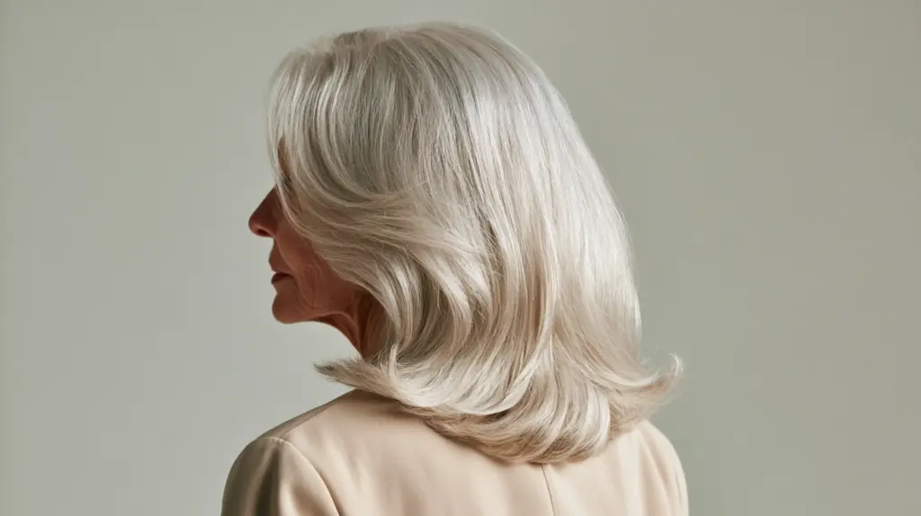 A woman with long white hair stands confidently showcasing her unique hairstyle and elegant demeanor