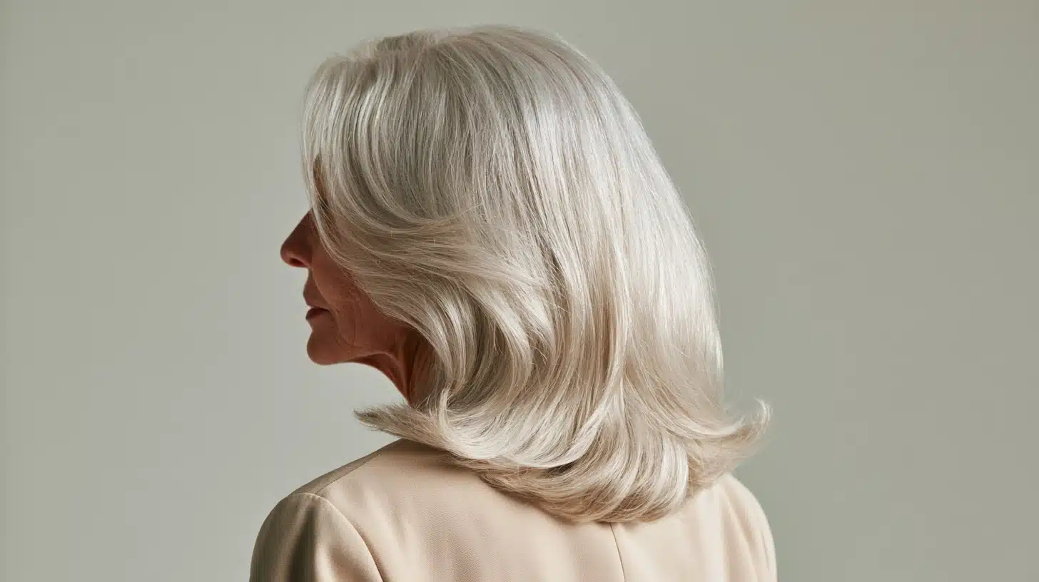 A woman with long white hair stands confidently showcasing her unique hairstyle and elegant demeanor