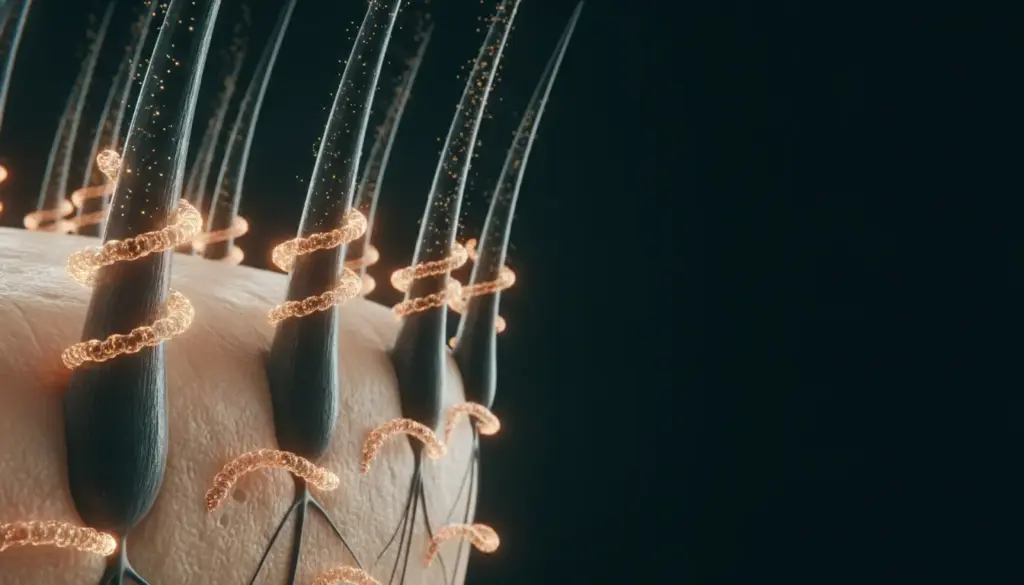 Close-up of hair follicles with glowing spirals on skin surface in a dark setting