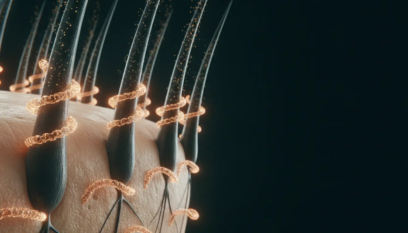 Close-up of hair follicles with glowing spirals on skin surface in a dark setting