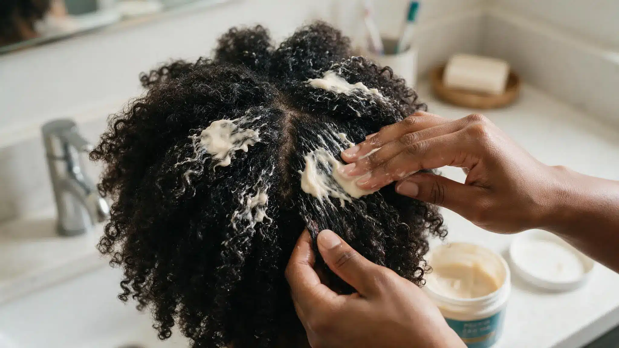 A woman applies cream to her hair while washing it in a bathroom setting.