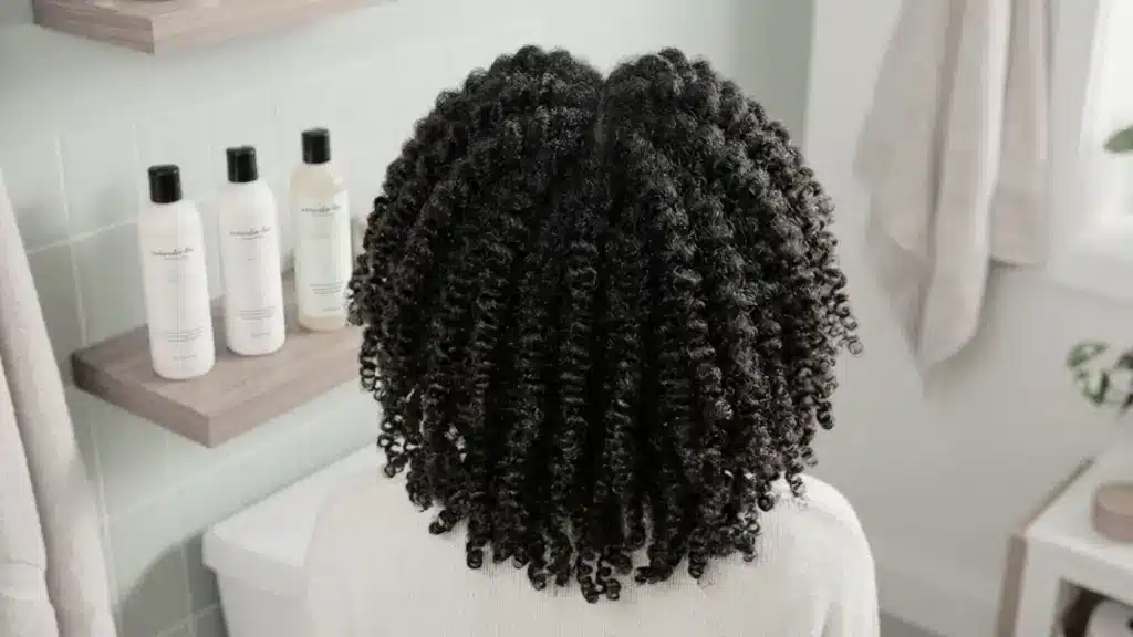 Back view of dense 4C coily hair and a product shelf