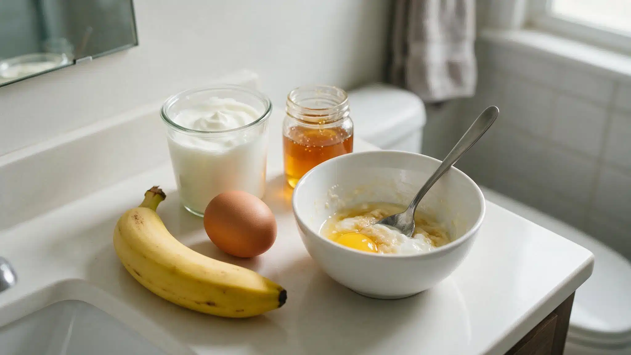 A bowl containing several eggs, a ripe banana, and a bowl of milk on a wooden surface.