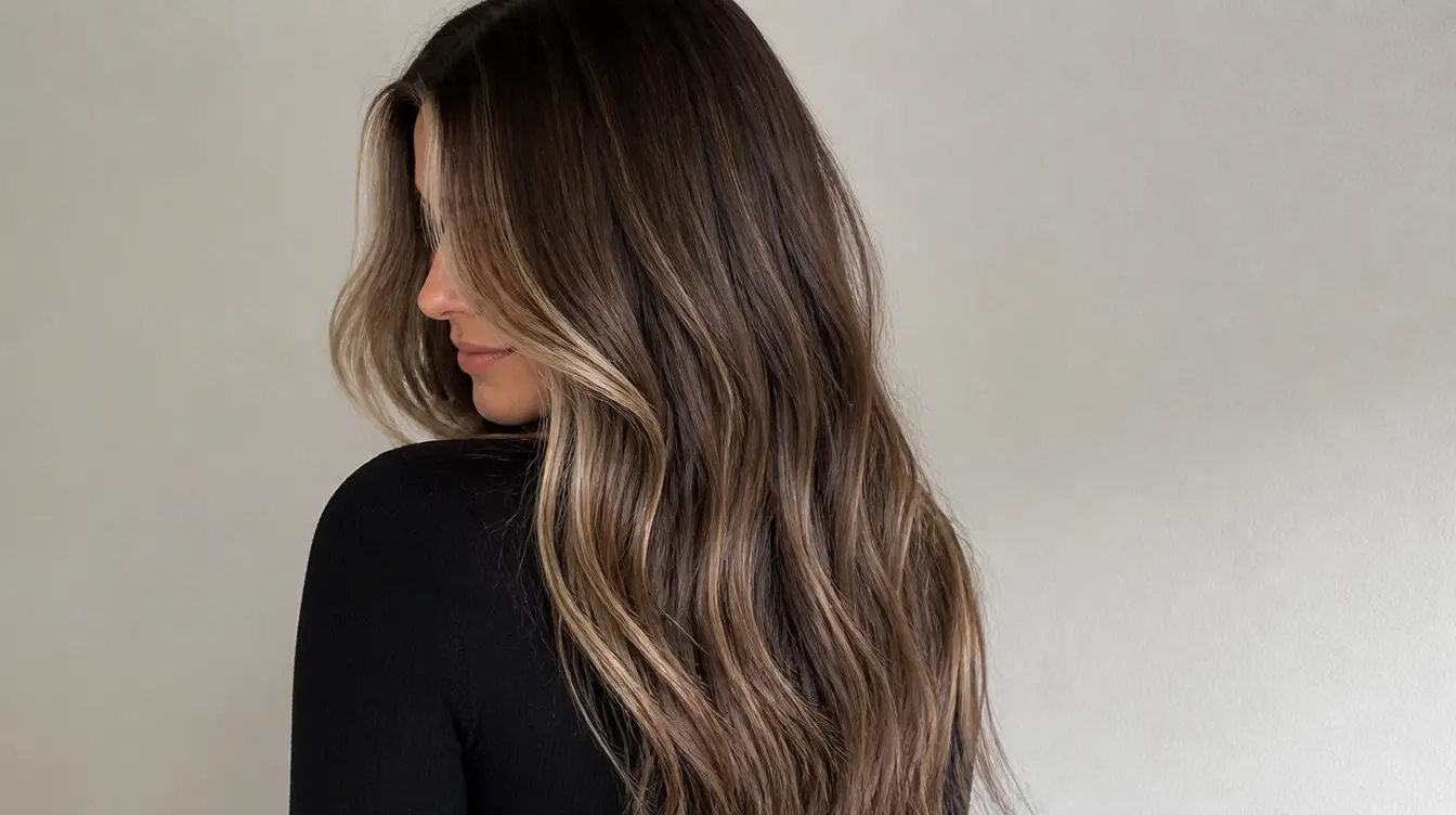 Blonde money piece combined with balayage on wavy brown hair