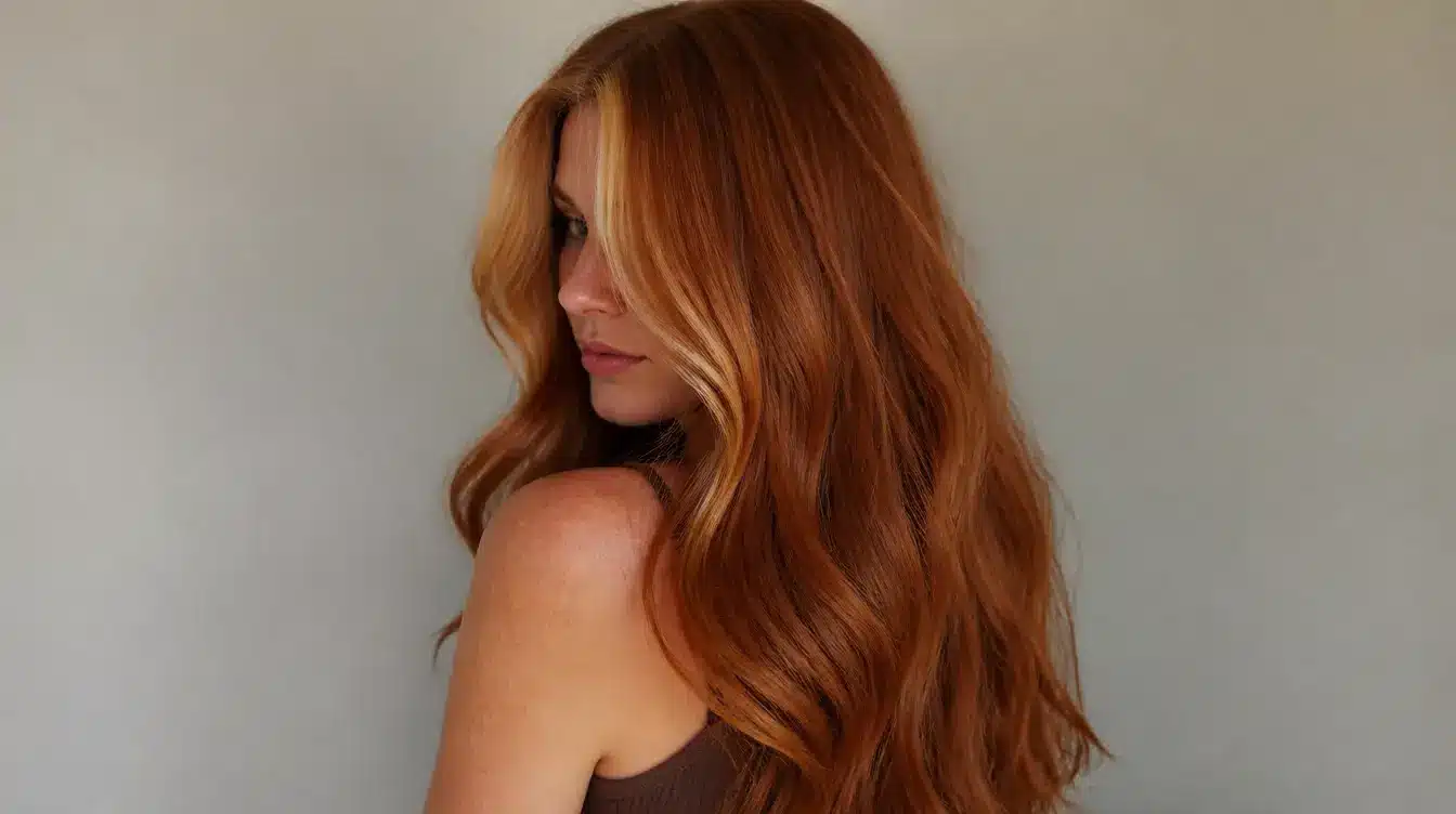Blonde money piece framing long copper red hair