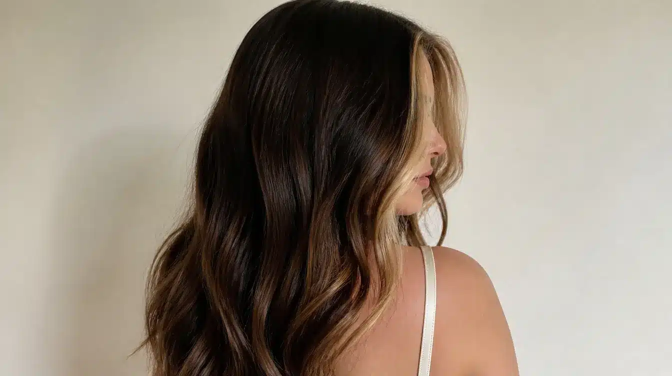 Blonde money piece highlights on dark brown wavy hair