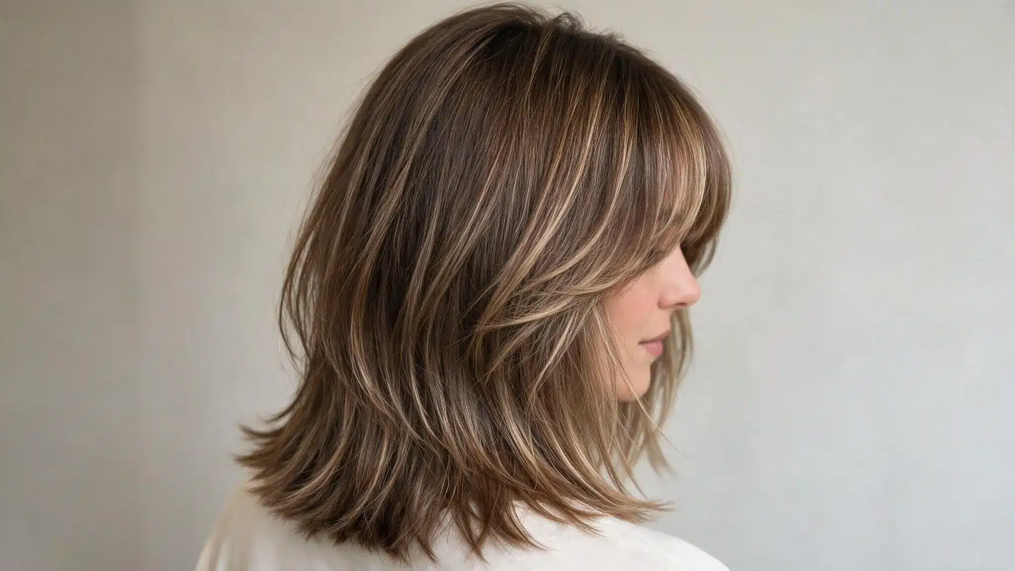 Blonde money piece with curtain bangs on medium brown hair