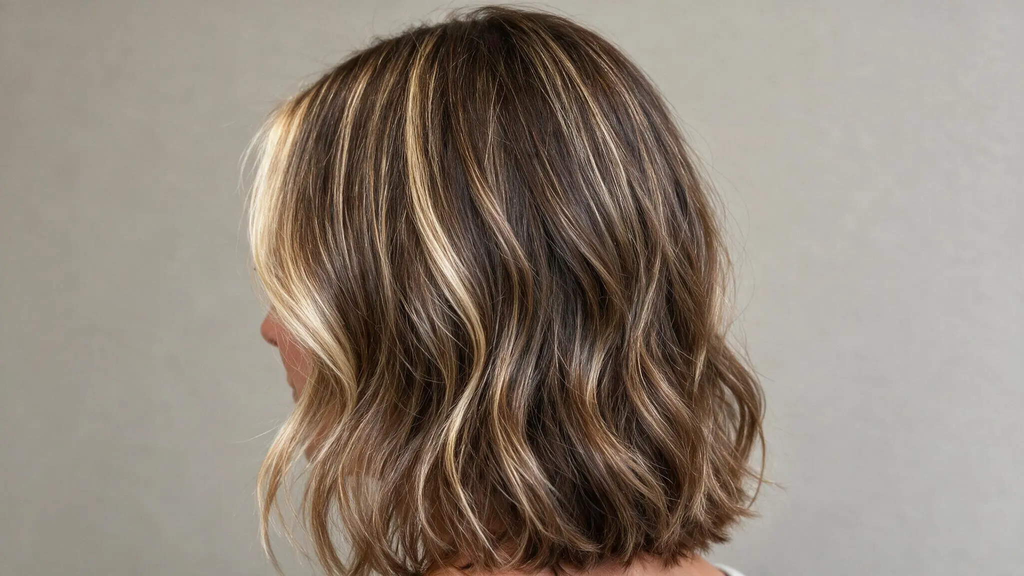 Blonde money piece with fine highlights throughout wavy brown hair