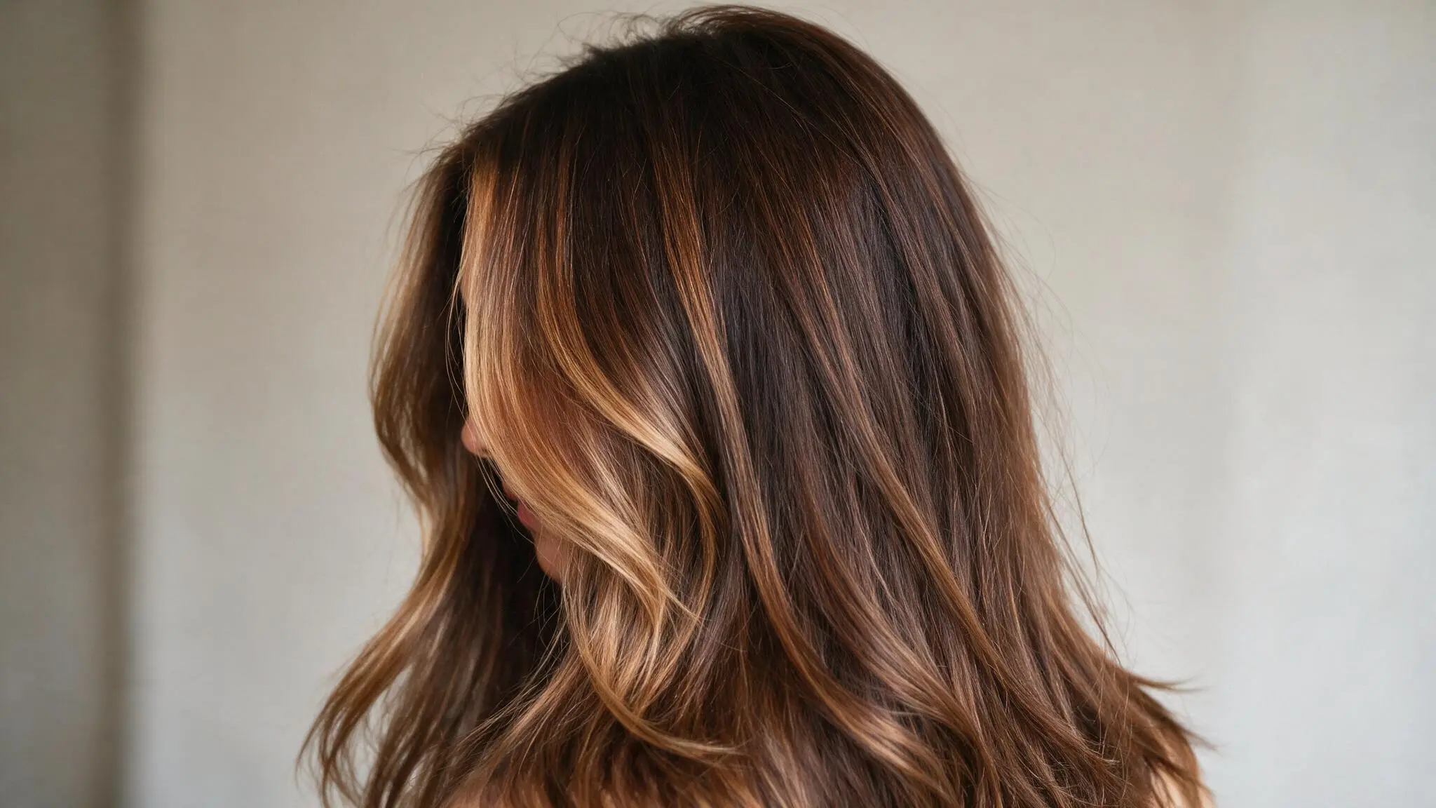 Caramel money piece highlights blended into long brown hair