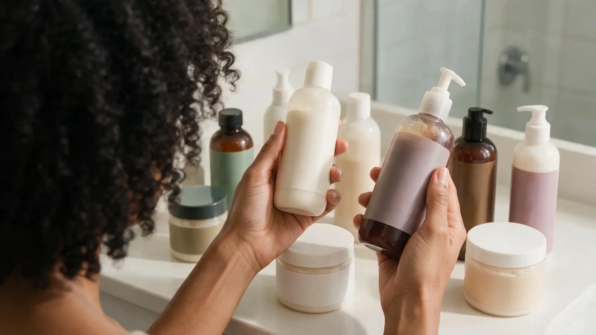 A woman displays multiple bottles of hair care products, showcasing her selection for hair maintenance and styling.