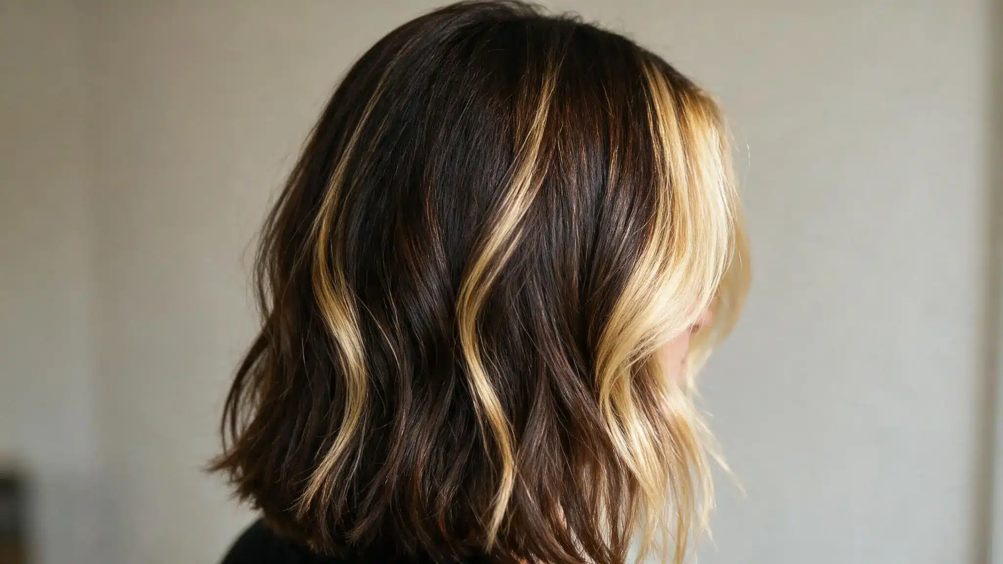 Chunky blonde money piece highlights on dark brown wavy hair