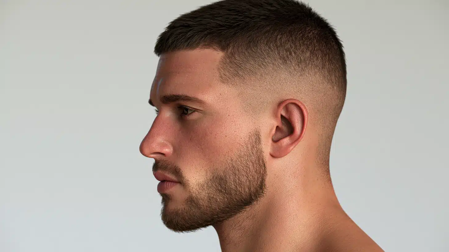 Classic high and tight with a short cropped top tapered sides and a neatly trimmed beard for a clean modern look