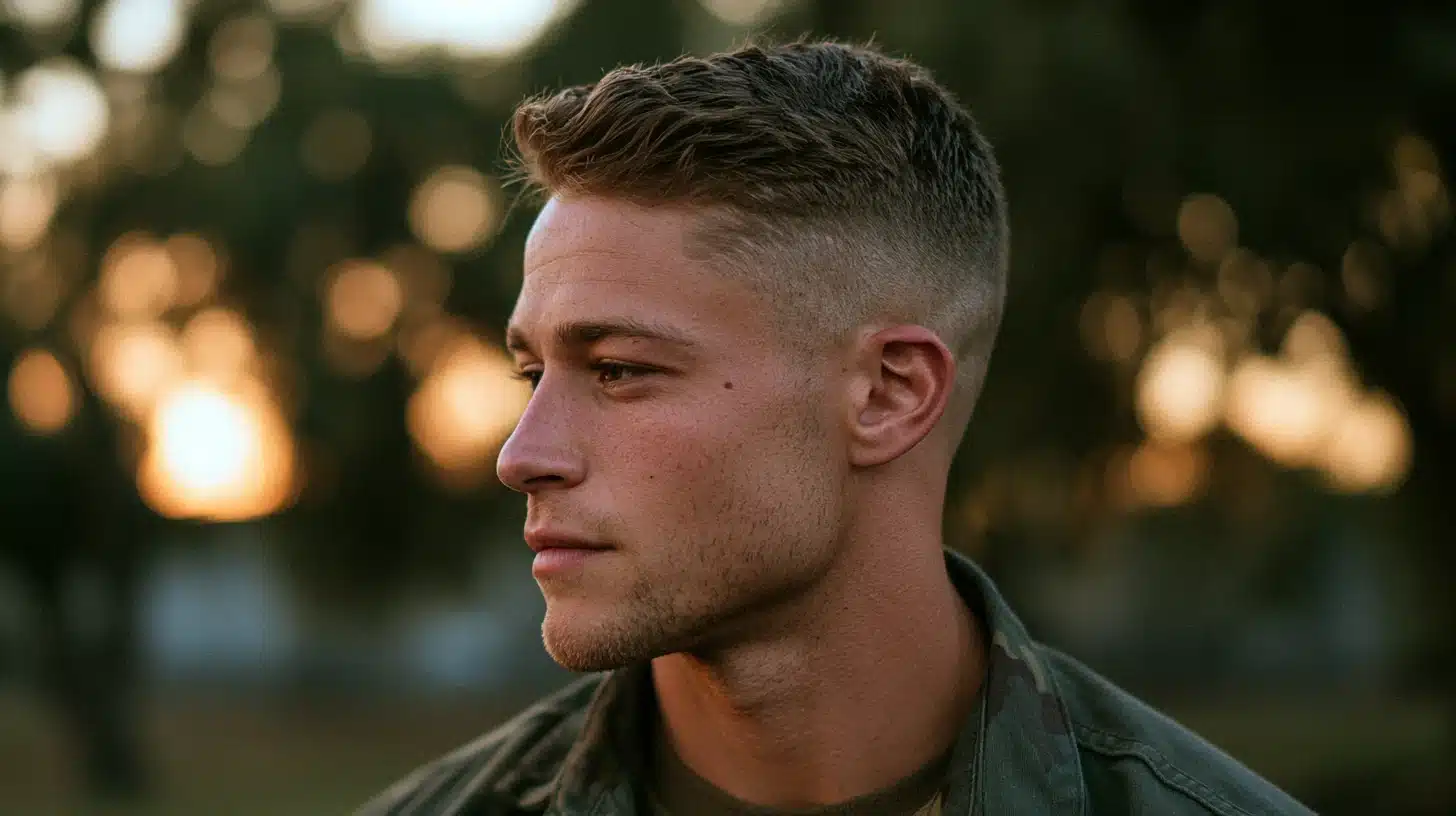 Classic military haircut with a short buzzed top subtle fade and a clean side profile for simple upkeep